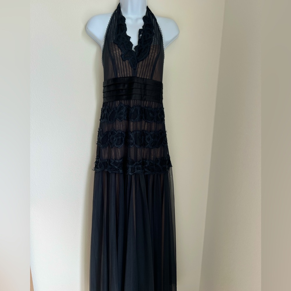 BCBG Maxazria Navy Plated Halter Gown